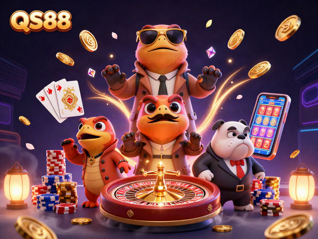 Spin the reels and win big with QS88 at the vibrant casino entrance, showcasing thrilling gaming elements.