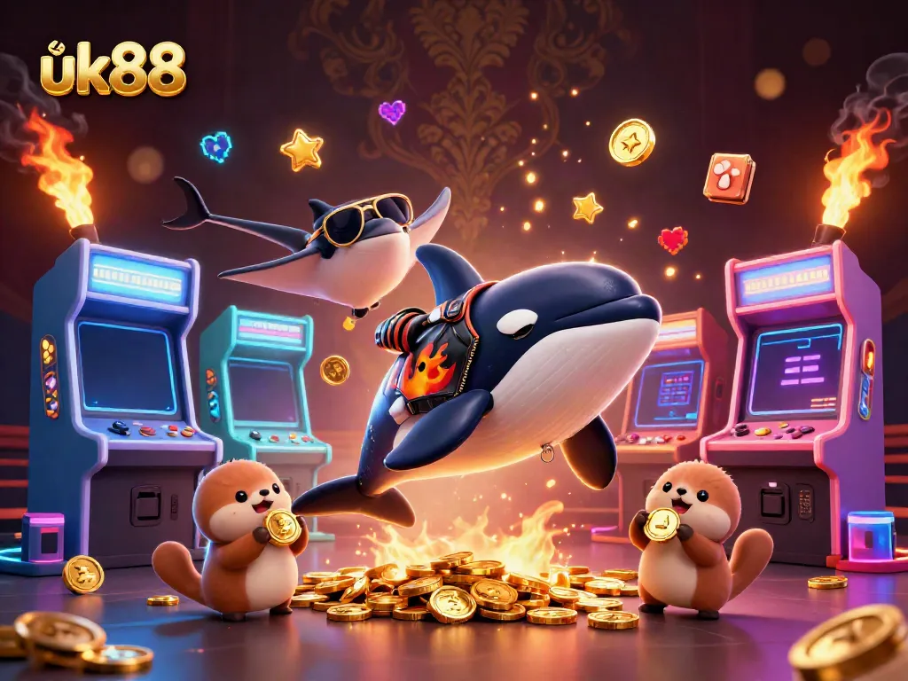 Engage with uk88's dynamic gaming scene featuring an orca, stingray, and otters amidst vibrant casino-themed elements.
