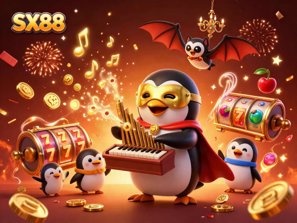 SX88 offers thrilling slot games with a 3D cartoon penguin playing in a vibrant casino scene.