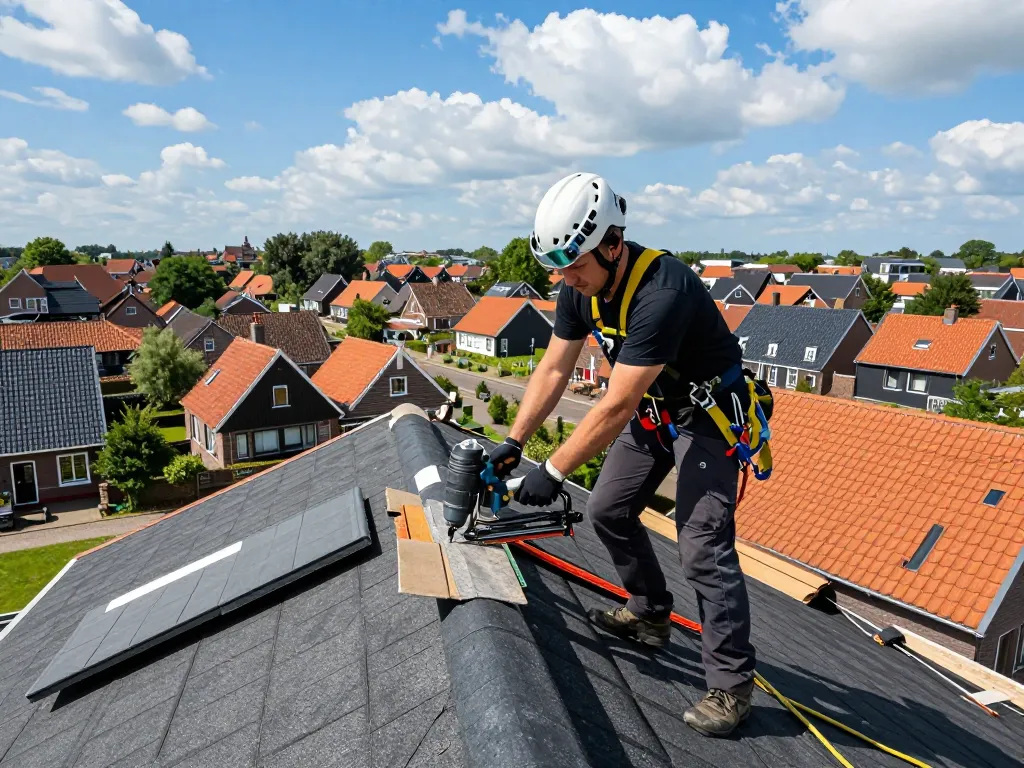 Hoevelaken dakdekker die aan een residentieel dak werkt met kwaliteitsmaterialen en geavanceerde gereedschappen.
