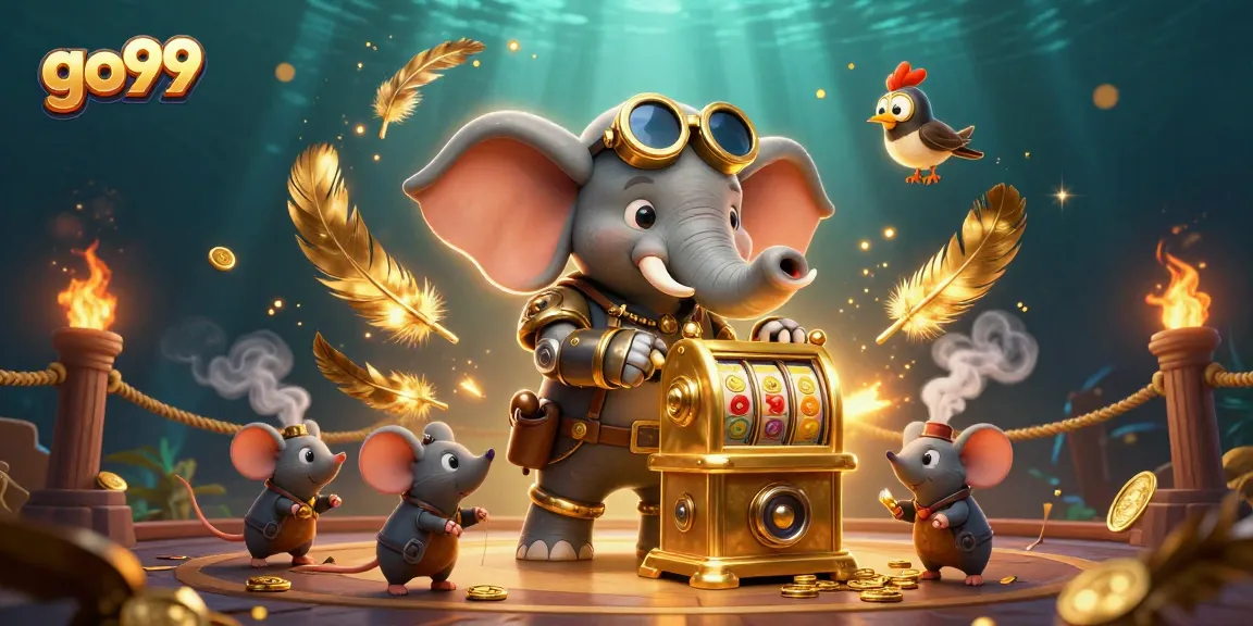Experience big wins with go99's dynamic casino scene featuring a steampunk elephant and slot machines.