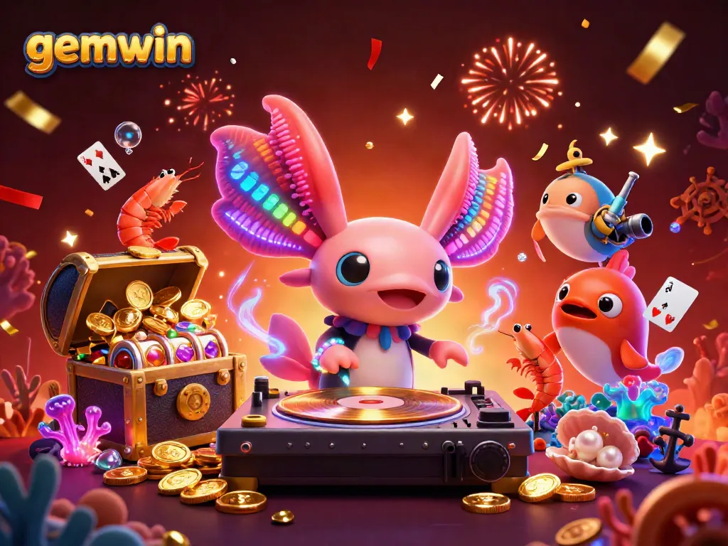 Experience the vibrant gemwin casino world with neon underwater DJ characters, treasure-rich scene.