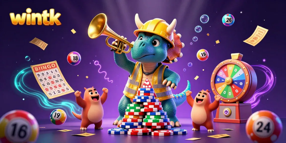 Engage in Wintk's vibrant atmosphere with animated characters celebrating as they build poker chip pyramids.
