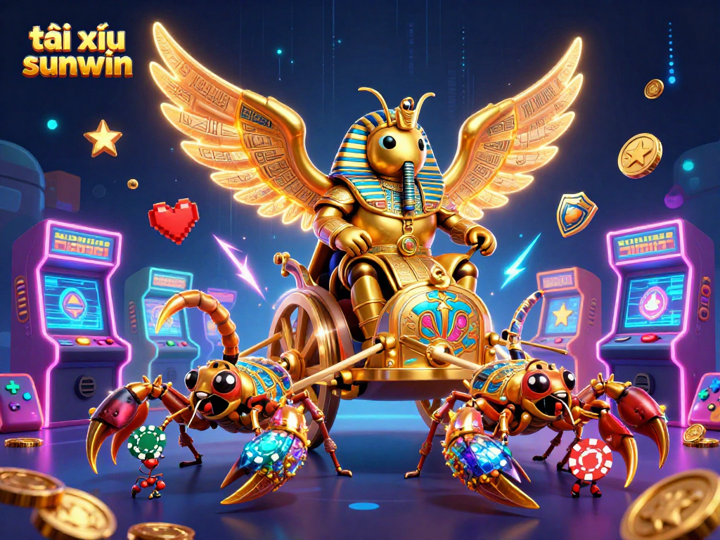 Engage with tài xỉu sunwin amidst a vibrant casino scene filled with colorful 3D elements and gaming excitement.