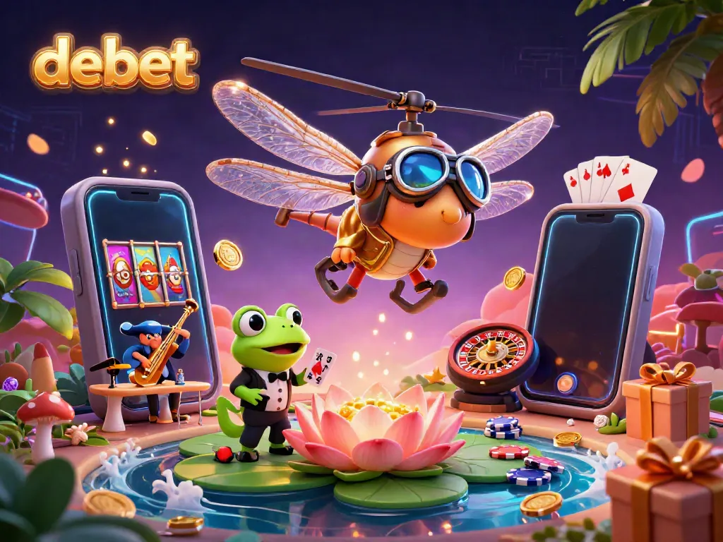 Experience the excitement of debet with a colorful, dynamic online casino scene featuring characters and game elements.