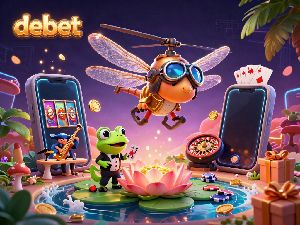 Experience the excitement of debet with a colorful, dynamic online casino scene featuring characters and game elements.