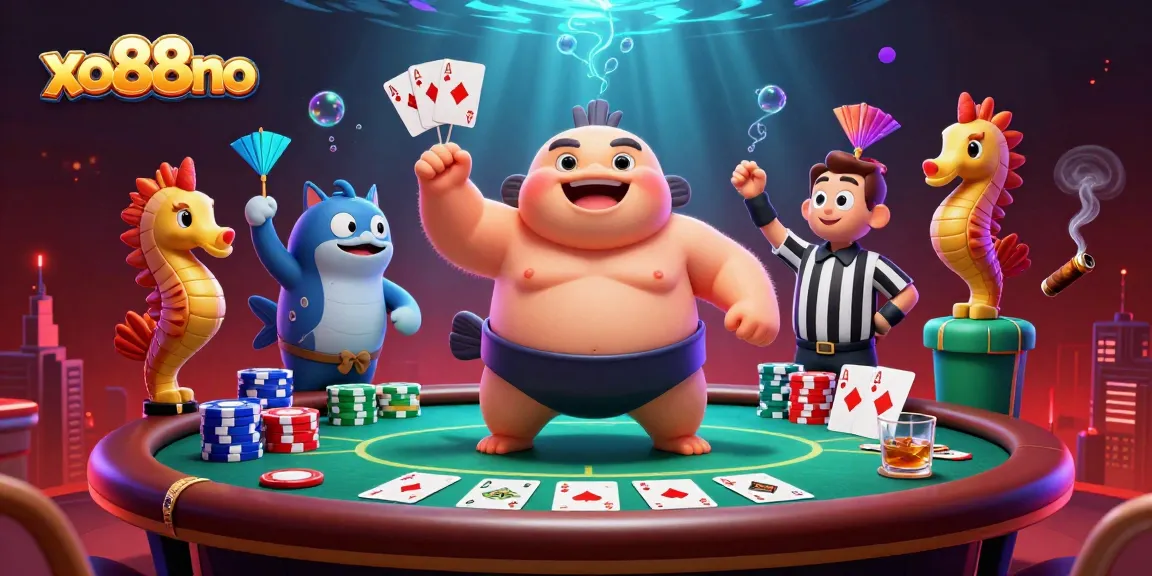 Engage with the dynamic xo88no poker scene featuring a fugu, referee catfish, and energetic seahorse fans.