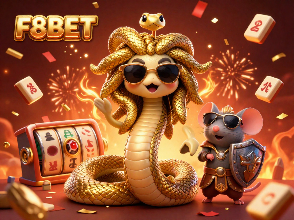 Experience thrilling gameplay at F8BET as you spin slot reels in a vibrant, cartoon illustration featuring festive elements.