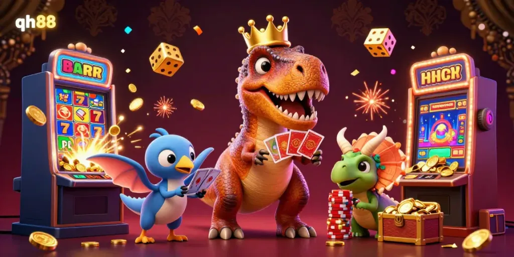 Players join the fun at qh88 with cartoon dinosaurs in a vibrant casino scene filled with exciting games and rewards.