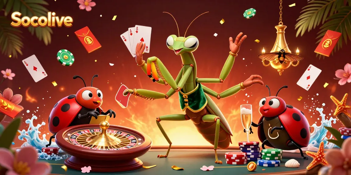 Socolive showcases vibrant action in a casino scene with a giant praying mantis card sharp and ladybug pit boss.