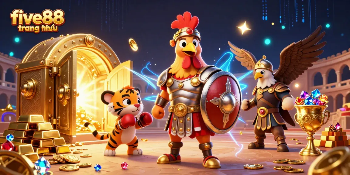 Engage with five88 trang chủ in a vibrant, dynamic 3D illustration showcasing competitive gaming excitement and rewards.