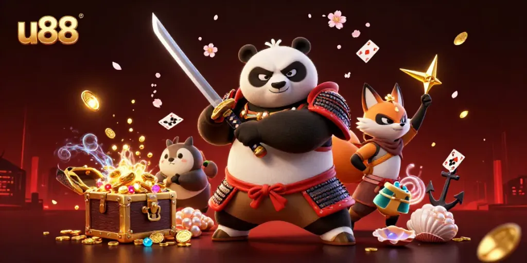 Engage in epic wins at u88 with a samurai panda and magical creatures while casino treasures surround them.