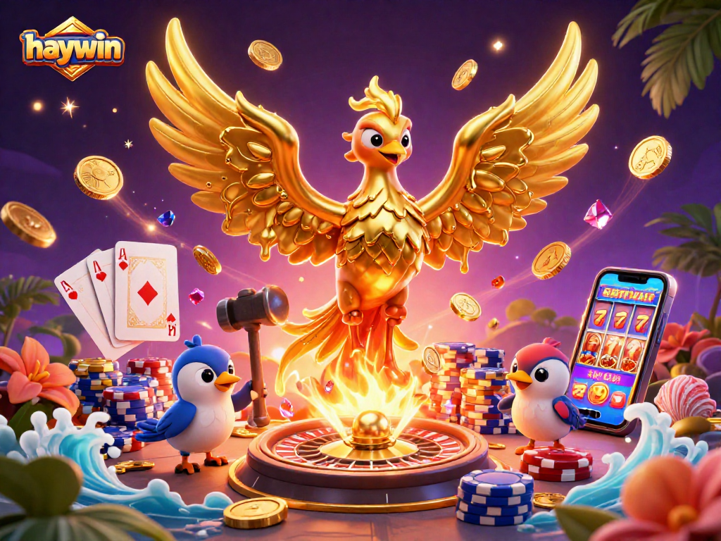 Experience the excitement of haywin with a vibrant 3D casino illustration showcasing a golden phoenix, roulette, and slots.