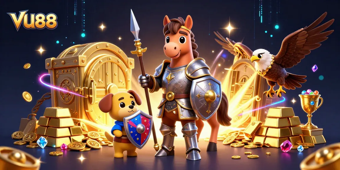 Engage in thrilling gaming action at VU88's dynamic casino scene filled with treasures and adventure.