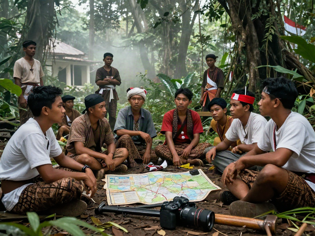 Indonesian freedom fighters in a jungle planning their independence strategy, symbolizing the historical struggle.