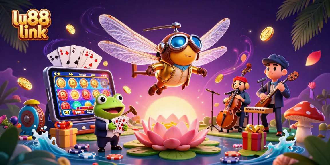 Join the excitement at LU88 link, with a dynamic 3D scene showcasing a dragonfly pilot and a frog croupier at a vibrant casino.