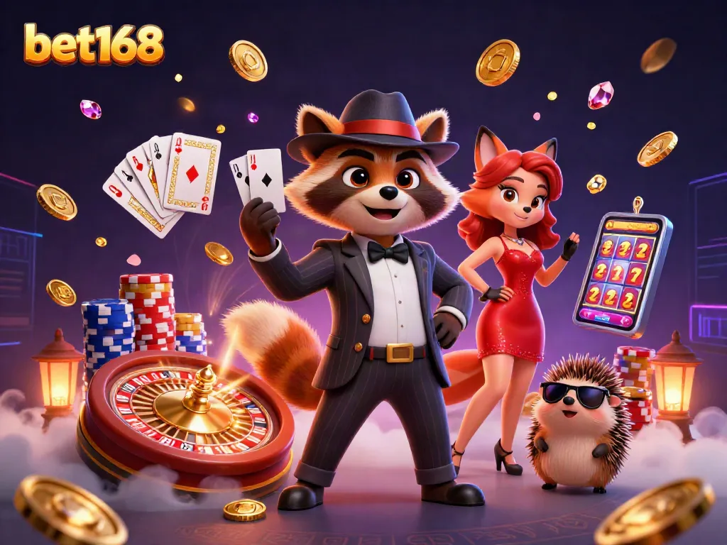 Experience bet168's vibrant casino scene with a charming raccoon, fox, and hedgehog amidst golden coins and poker chips.