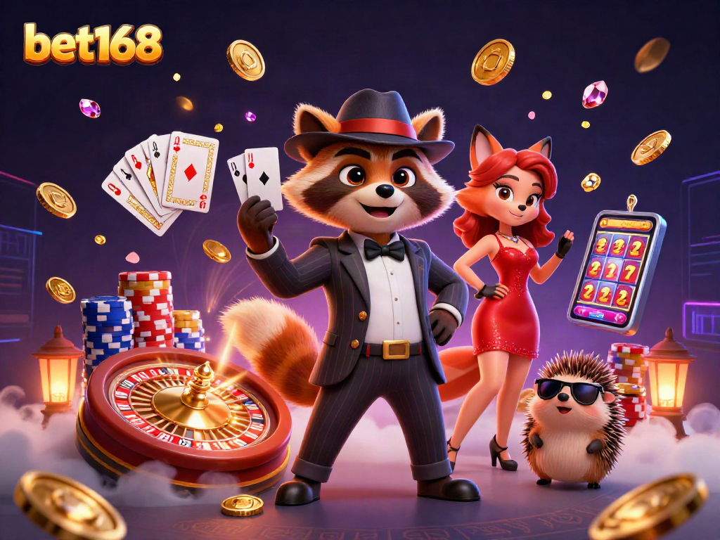 Experience bet168's vibrant casino scene with a charming raccoon, fox, and hedgehog amidst golden coins and poker chips.