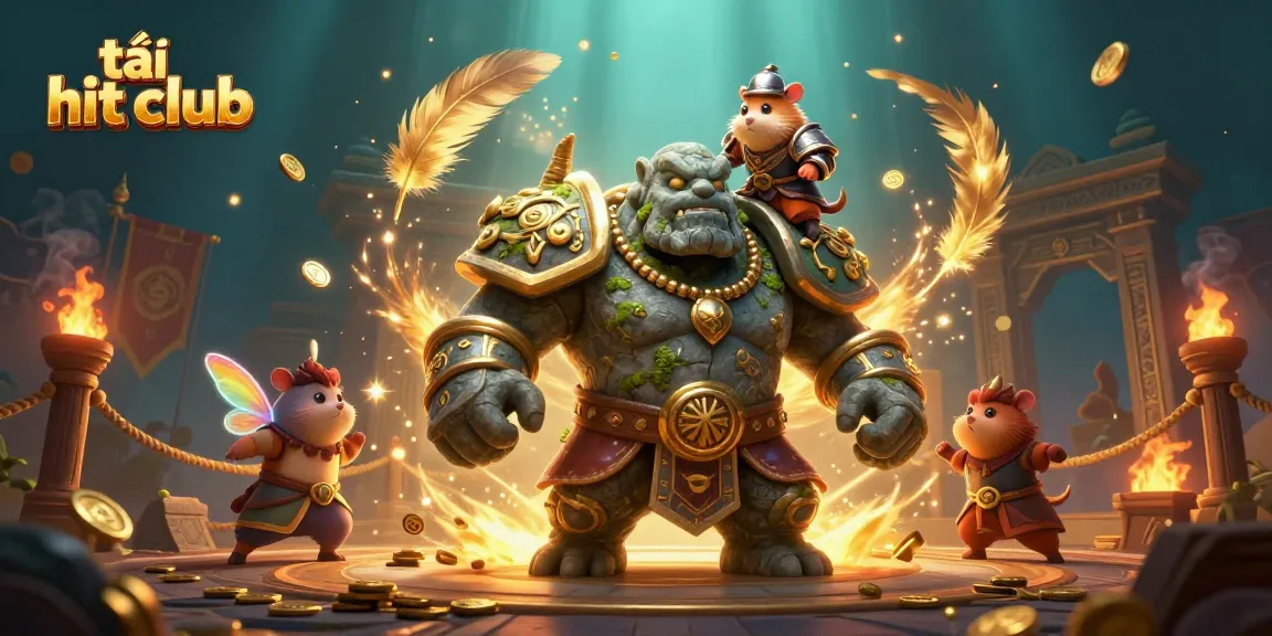 Experience excitement at tải hit club with a vibrant 3D casino illustration depicting a stone guardian and fairy