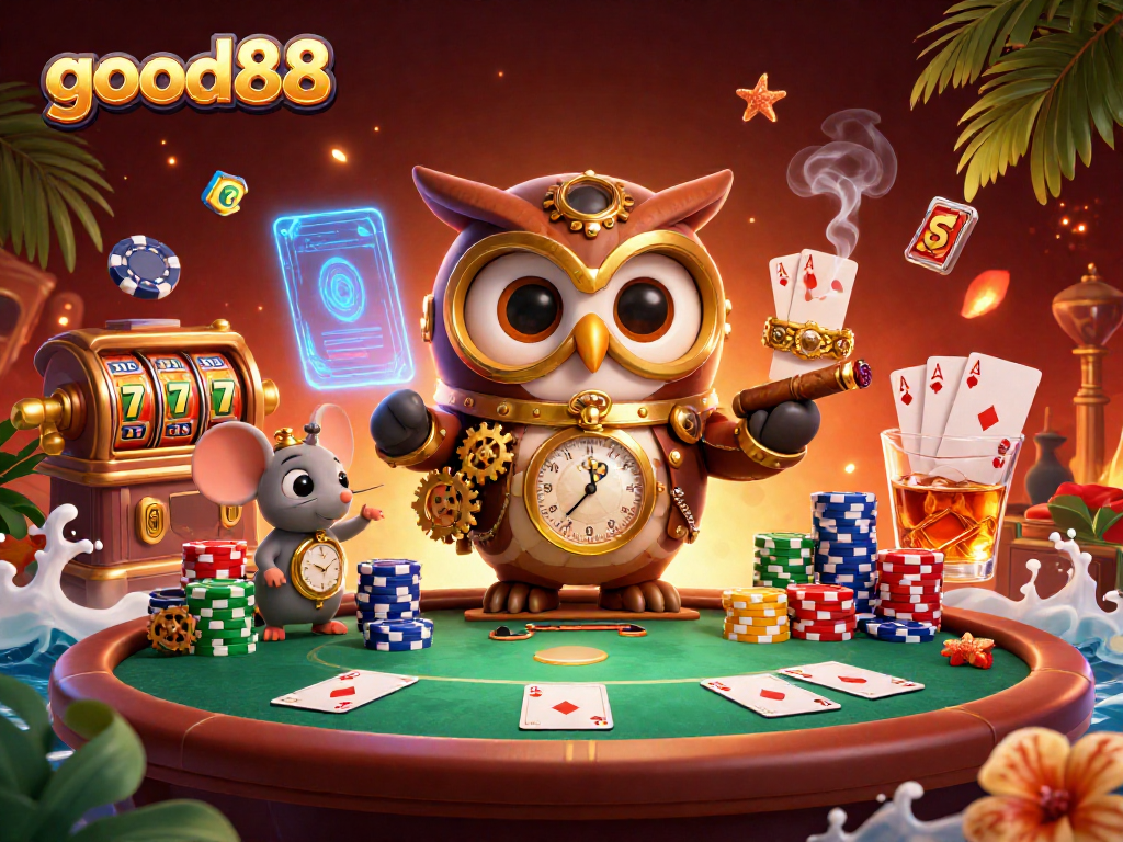 Experience exciting gameplay at good88 with a cartoon owl and a clockwork mouse amidst vibrant casino elements.