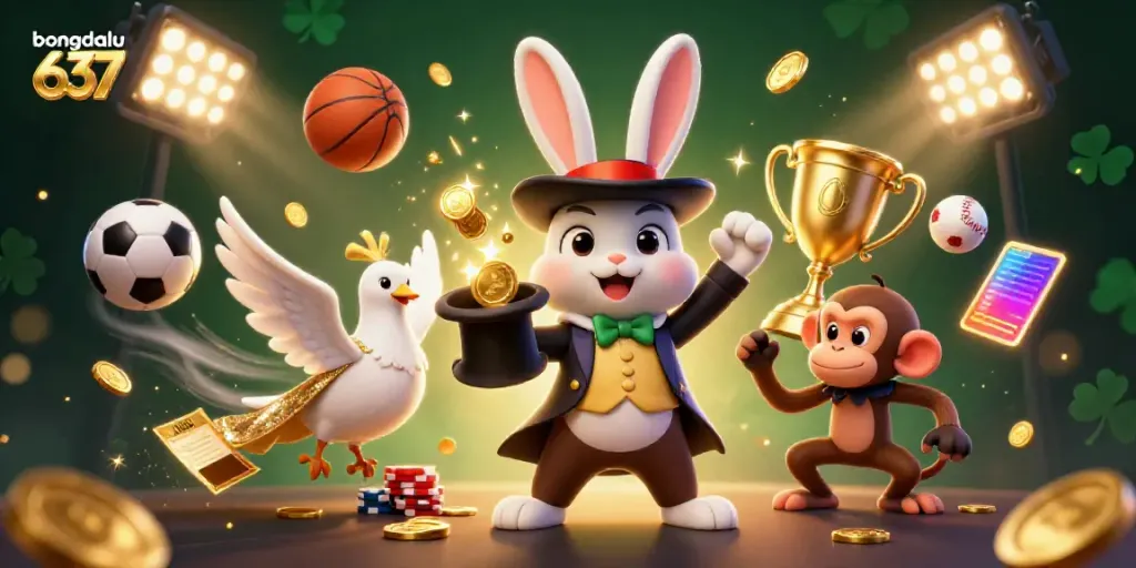 Experience the thrill of bongdalu 637 with lively characters and dynamic sports elements set in an enchanting casino scene.