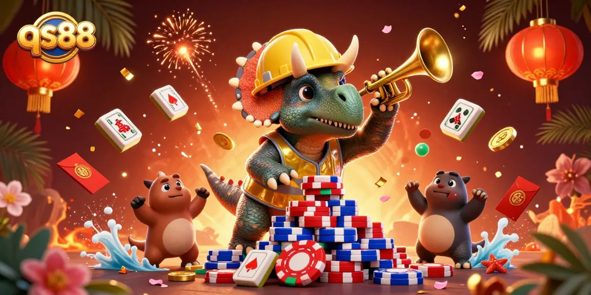 Engage with qs88's vibrant 3D casino scene featuring playful characters and festive elements.