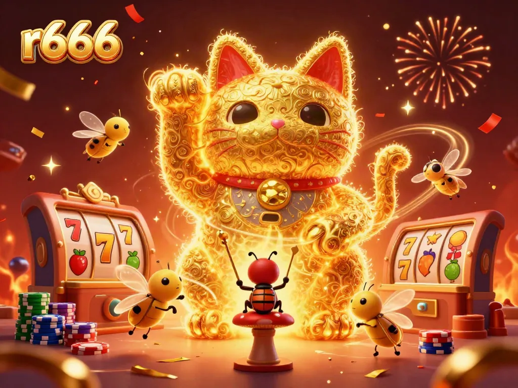 Engage with r666 through a vibrant digital illustration showcasing a giant lucky cat formed by golden fireflies and casino symbols.