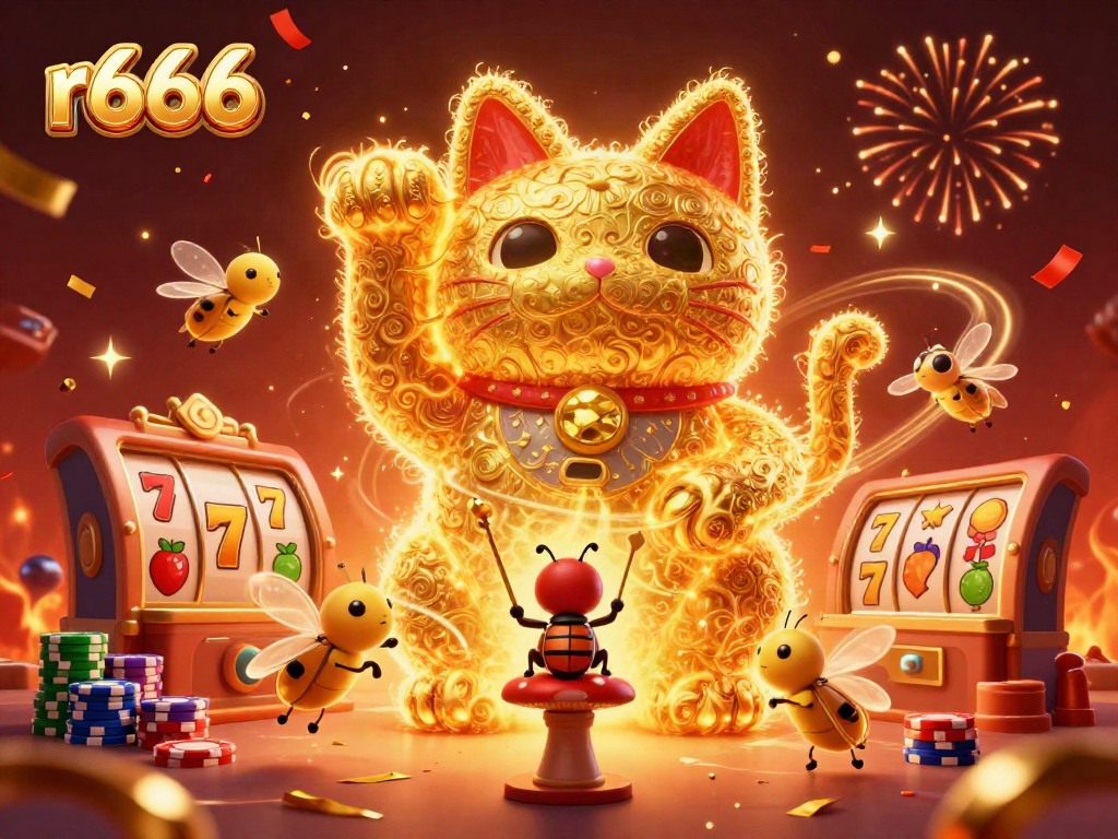 Engage with r666 through a vibrant digital illustration showcasing a giant lucky cat formed by golden fireflies and casino symbols.