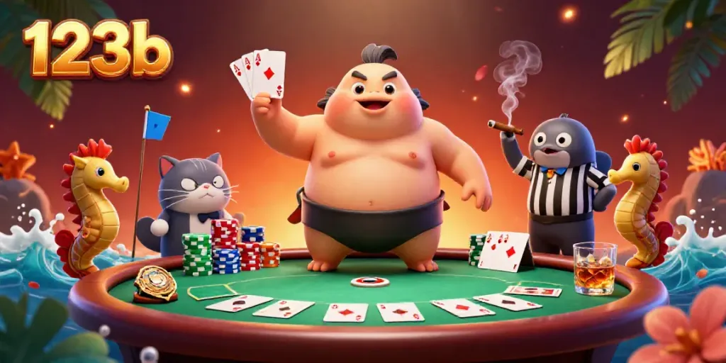 Engaging scene with a 123b-themed poker match featuring a fugu in a sumo belt and seahorse spectators