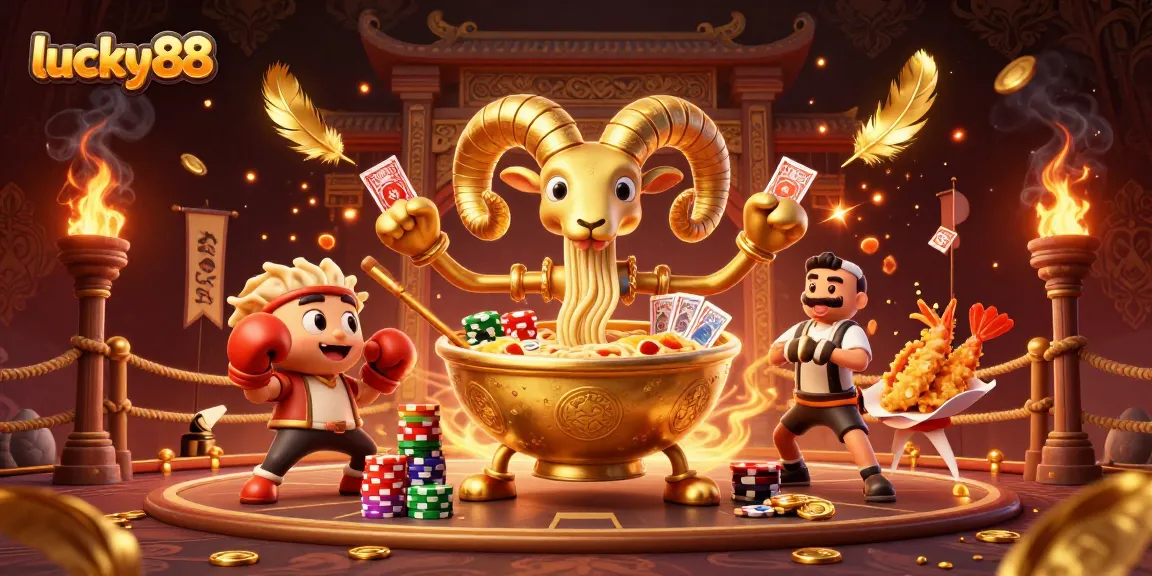 Experience the excitement of lucky88 with a dynamic 3D illustration of a giant ramen bowl character and casino elements.