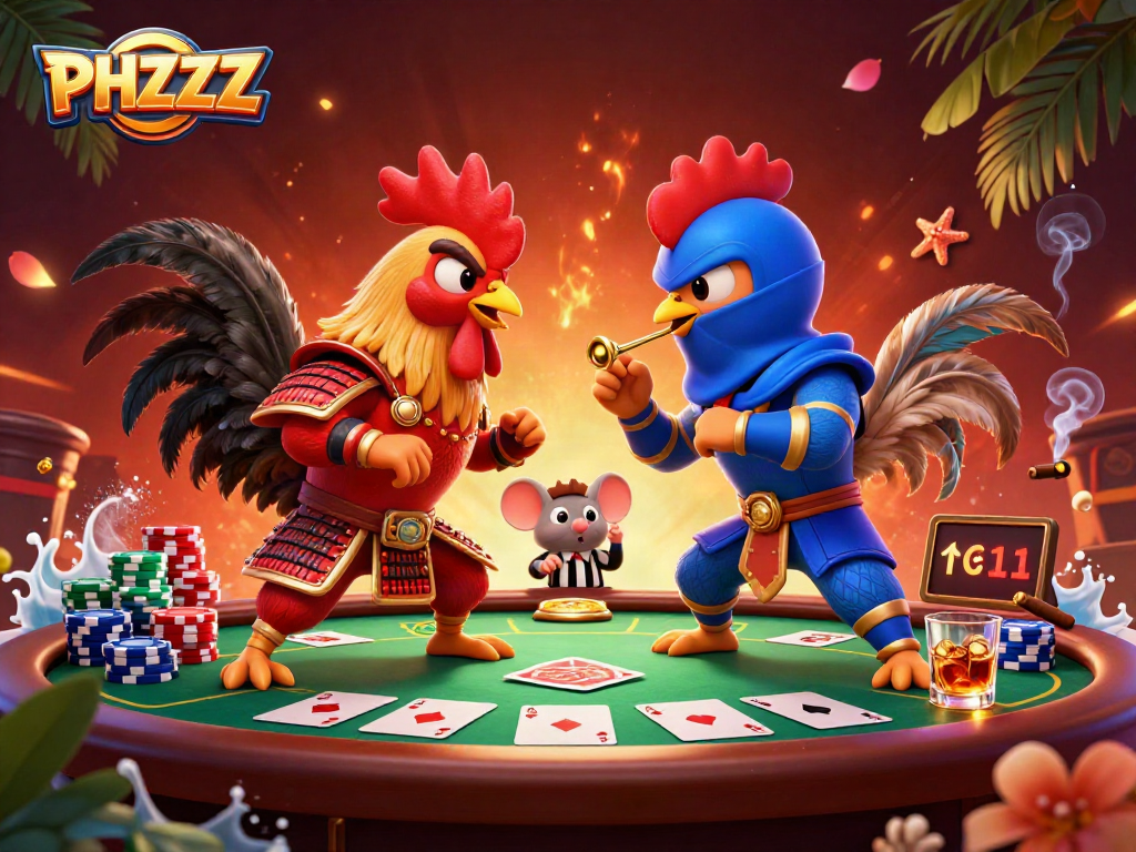 Experience thrilling action with PHZZZ's dynamic rooster showdown in a vibrant casino scene.