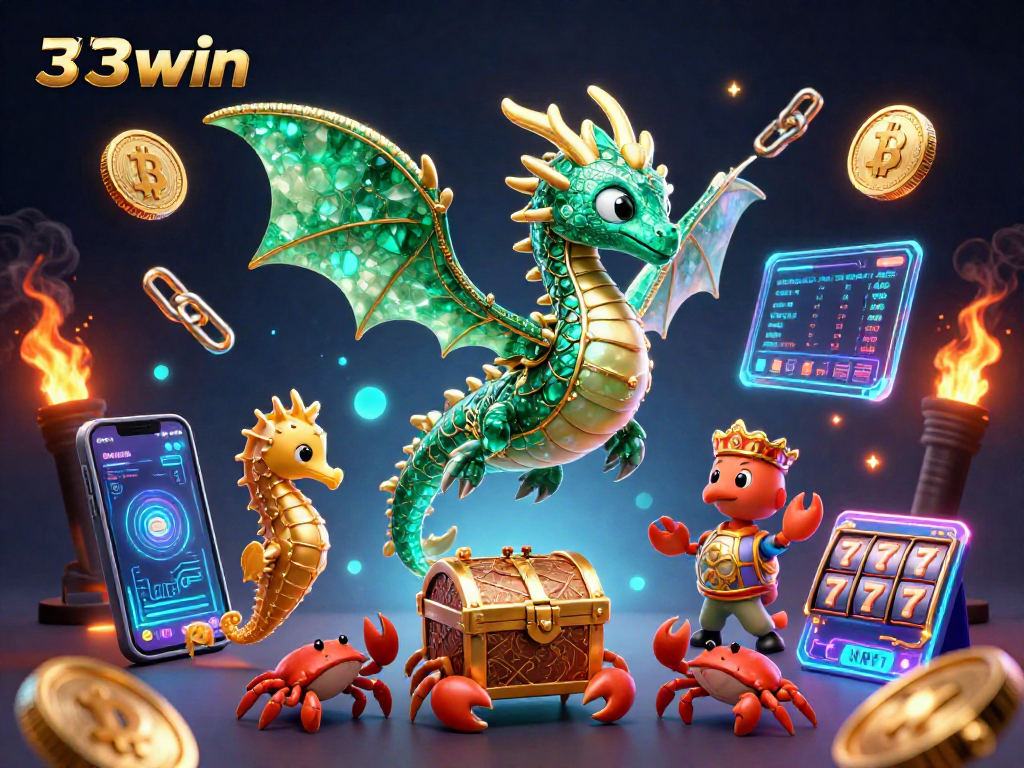 Experience the dynamic gaming scene featuring 33win with a 3D cartoon sea dragon, surrounded by crypto elements and slot machines.
