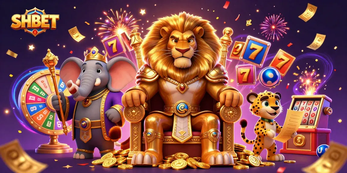 Experience thrilling wins at SHBET with the lion king amidst vibrant casino symbols and excitement.
