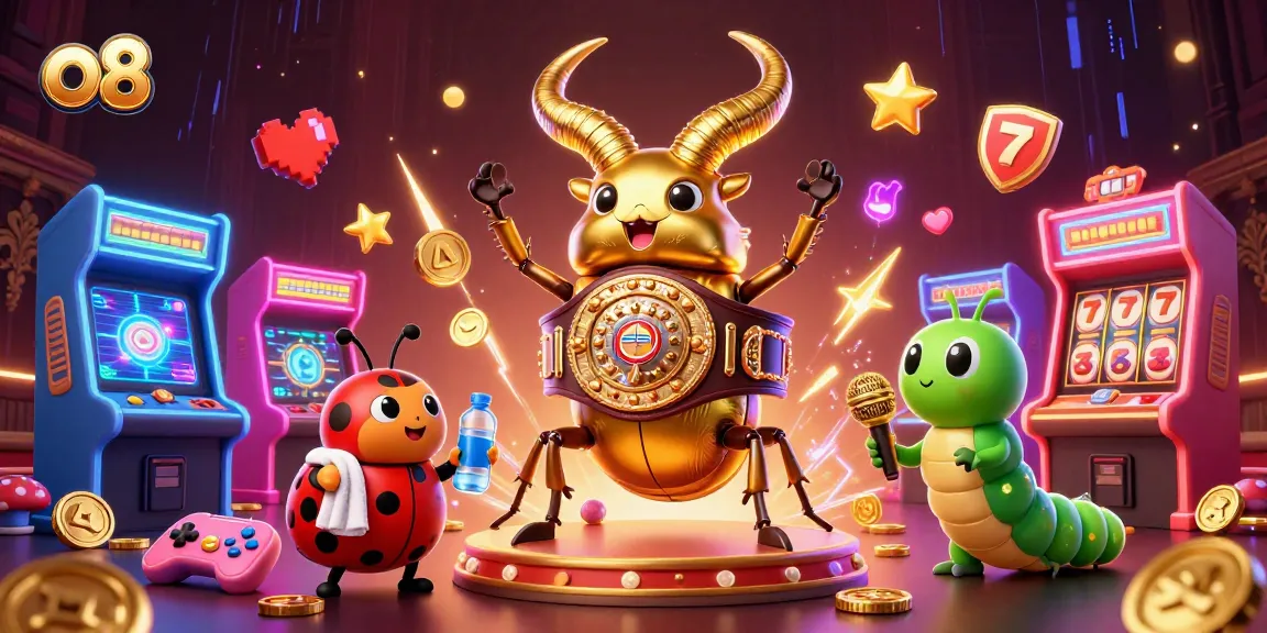 Experience thrilling action at o8 with a dynamic illustration of a beetle champion battling in a casino setting.