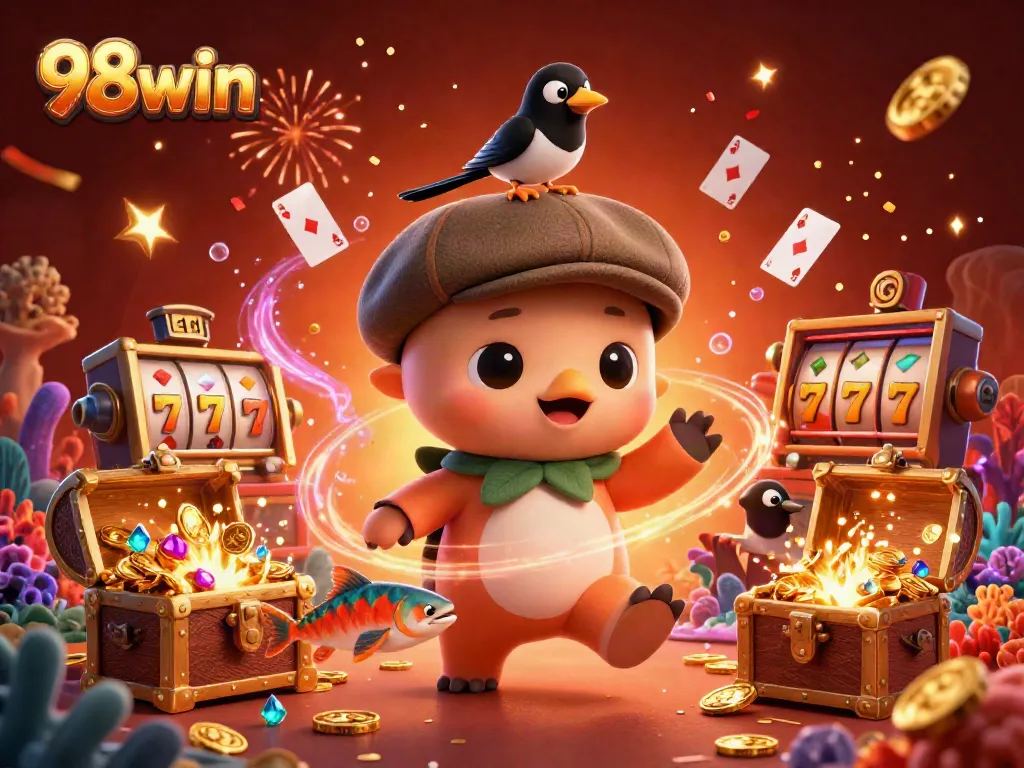 Experience thrilling casino adventures with 98win as baby Nessie and friends celebrate a jackpot explosion.
