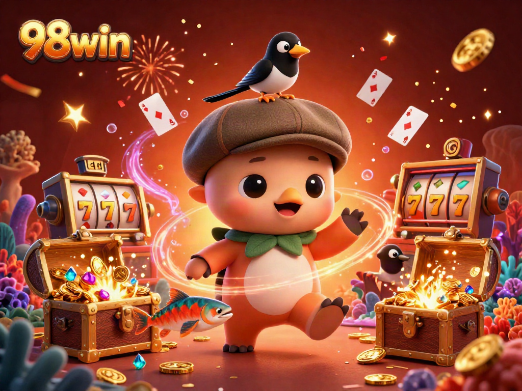 Experience thrilling casino adventures with 98win as baby Nessie and friends celebrate a jackpot explosion.