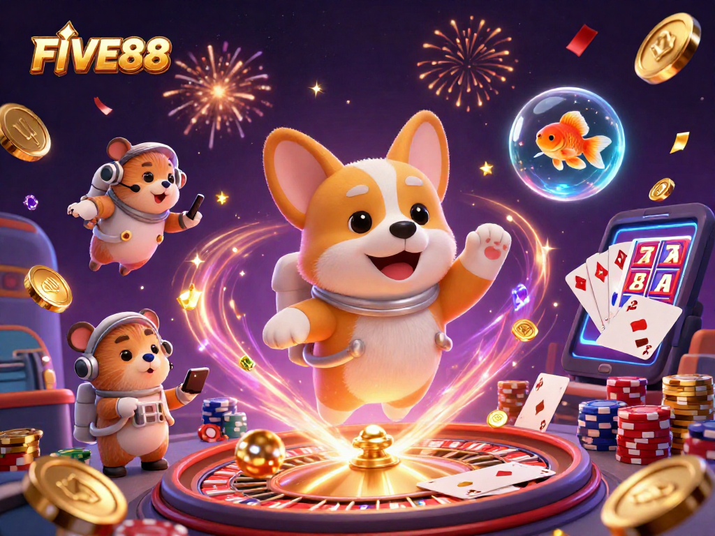 Experience the thrill of FIVE88 with a floating astronaut, poker chips, and dazzling effects in space.