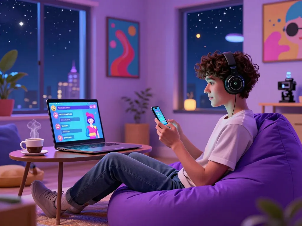 Engaging scene of a user interacting with a lifelike 18+ AI character in a vibrant virtual chat room.