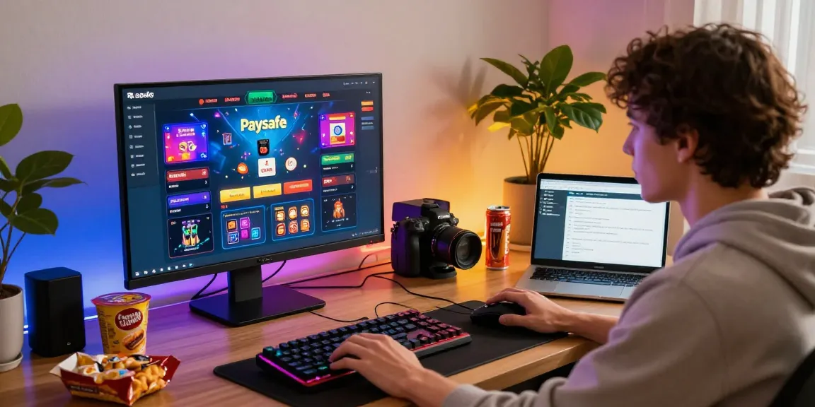 Engagierter Spieler an einem Paysafe Card Casino-Setup mit bunten Bildschirmdetails und Gaming-Zubehör.