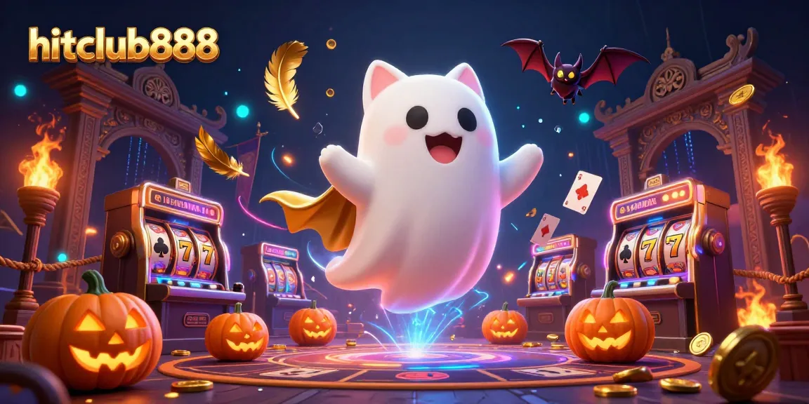 Engage in thrilling gaming adventures at hitclub888, where a ghostly cat and bat cheer through vibrant slot machines.
