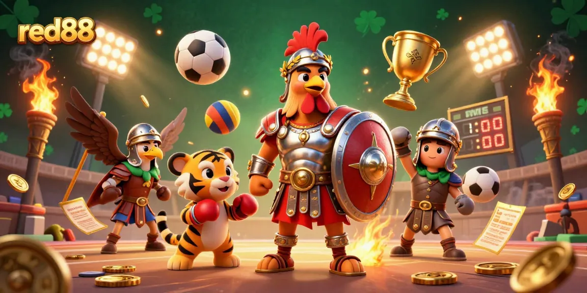 Experience thrilling action at red88 with a dynamic illustration of gladiator rooster, tiger cub, and eagle amid exciting sports and casino elements.