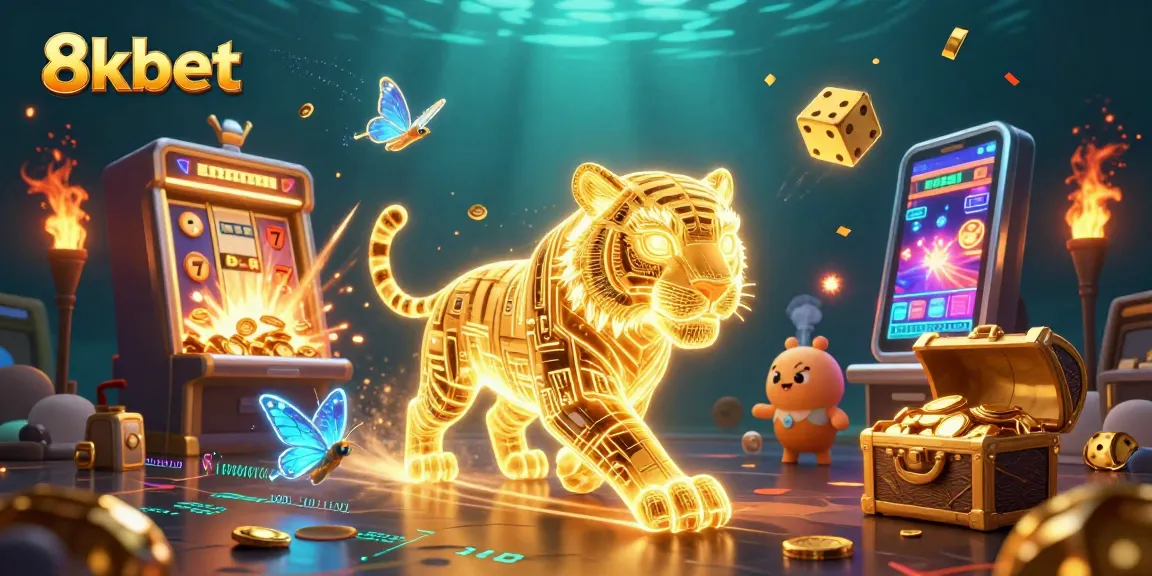 Experience thrilling gaming action with the vibrant 8kbet casino illustration showcasing dynamic slot machines and a neon tiger.