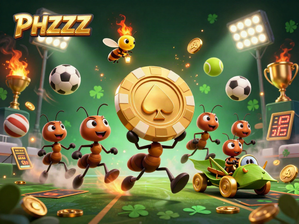 Engage with PHZZZ, a heist of ants carrying a giant poker chip in a dynamic casino scene.