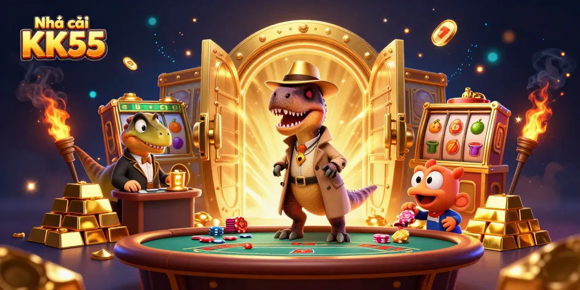 Nhà cái KK55 features an engaging scene of a clever velociraptor at a blackjack table surrounded by casino riches.