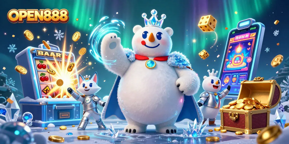 Engage with OPEN888's vibrant casino atmosphere featuring a 3D ice king and festive slot machine.