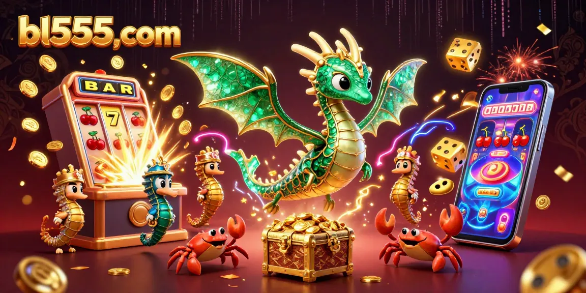 Experience the excitement at bl555,com with a dynamic treasure-themed casino scene featuring slots and colorful elements.
