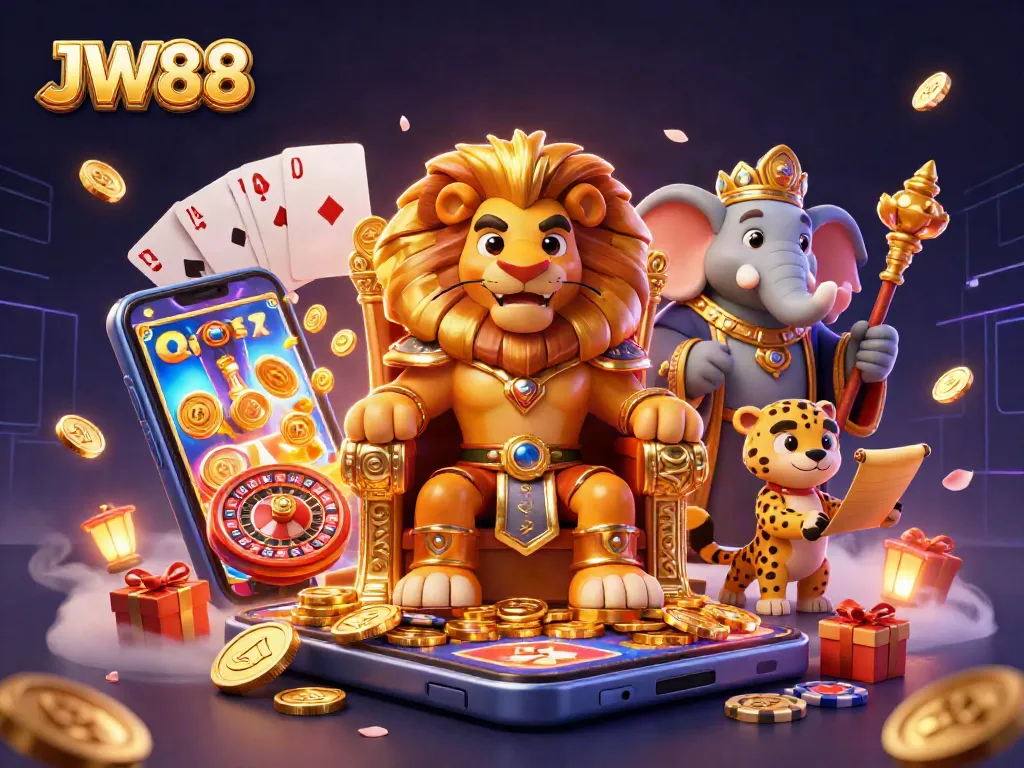 Experience thrilling gaming at JW88 with a majestic lion king alongside a wise elephant advisor.