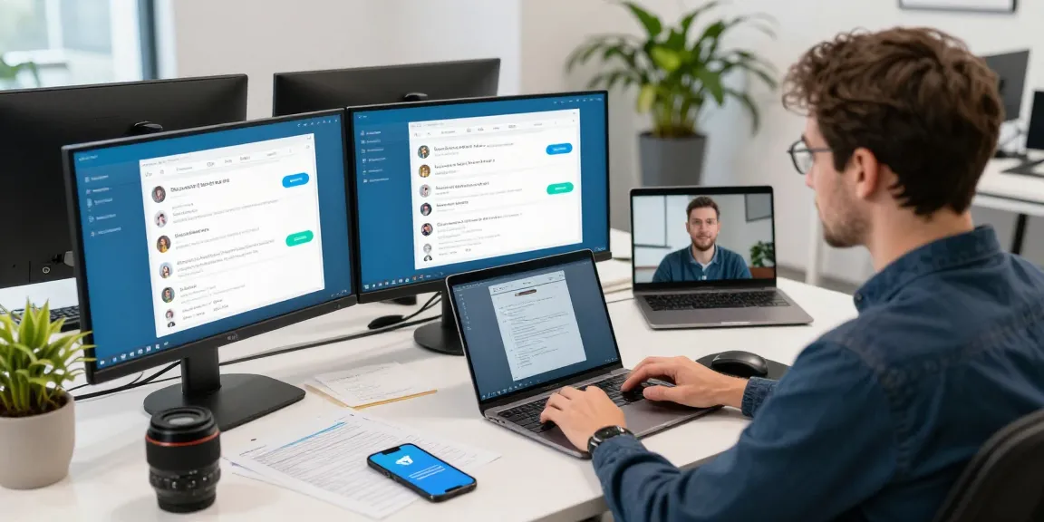 Download Telegram on multiple devices in a modern tech workspace.