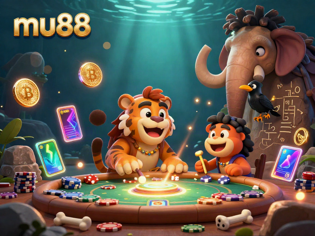 Experience immersive gameplay at mu88 with a vibrant caveman casino scene featuring neon glowing crypto elements.