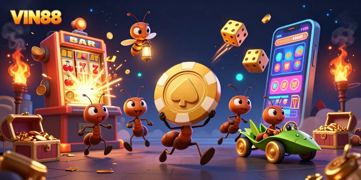 Experience the thrill of winning at VIN88 with cartoon ants on a heist for a giant poker chip amidst explosive casino elements.